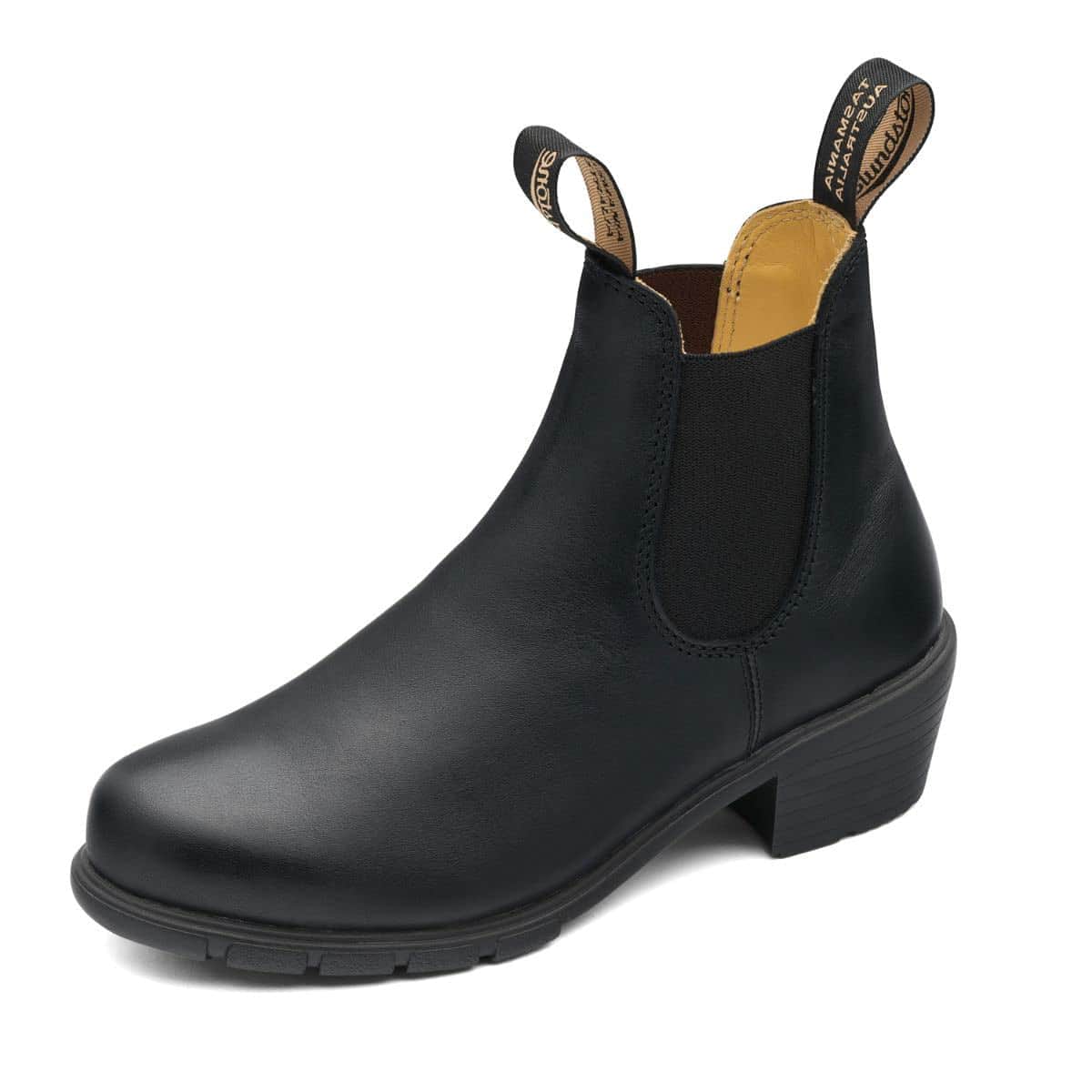 The stylish and lightweight design of the rustic brown 1677 Block Heel Chelsea boot from Blundstone offers a truly feminine style. Featuring a full grain leather upper. The elastic gore keeps its shape and makes it easy to put on and take off. Sturdy front and back tabs Footbed and heel comfort for all-day comfort. Steel shank for stability Durable rubber sole.