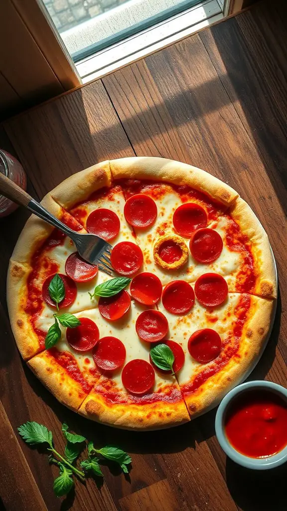 A delicious pepperoni pizza topped with regular and crispy cup-style pepperoni, accented by fresh basil leaves.