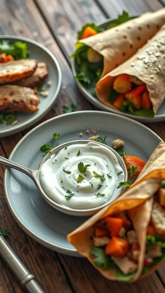 A bowl of creamy Greek yogurt aioli with fresh herbs, surrounded by homemade wraps filled with colorful vegetables.