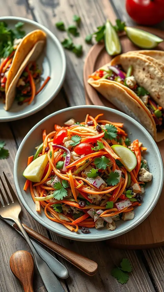 A bowl of colorful slaw with carrots, cabbage, and dressing, with tacos in the background.