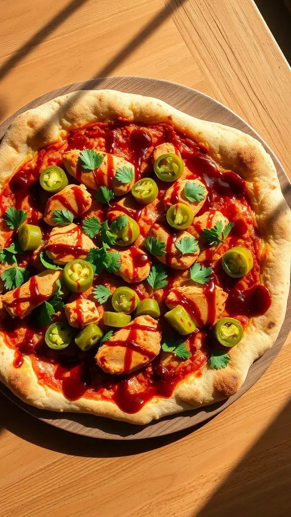 BBQ chicken pizza topped with jalapeños and cilantro on a wooden surface.