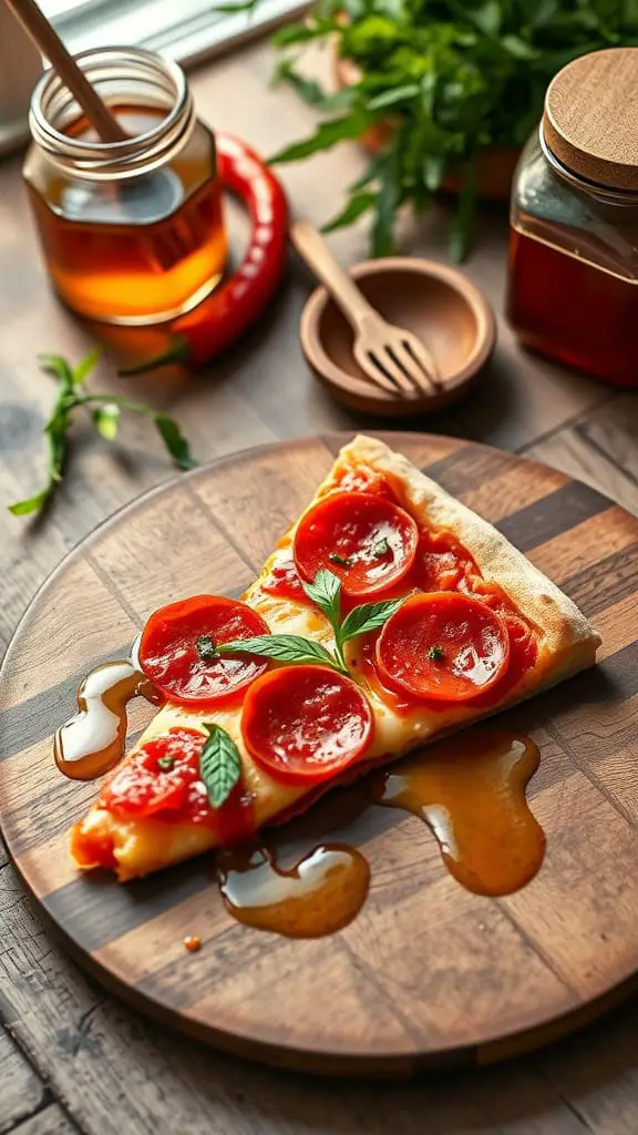 A slice of pepperoni pizza drizzled with spicy honey on a wooden board