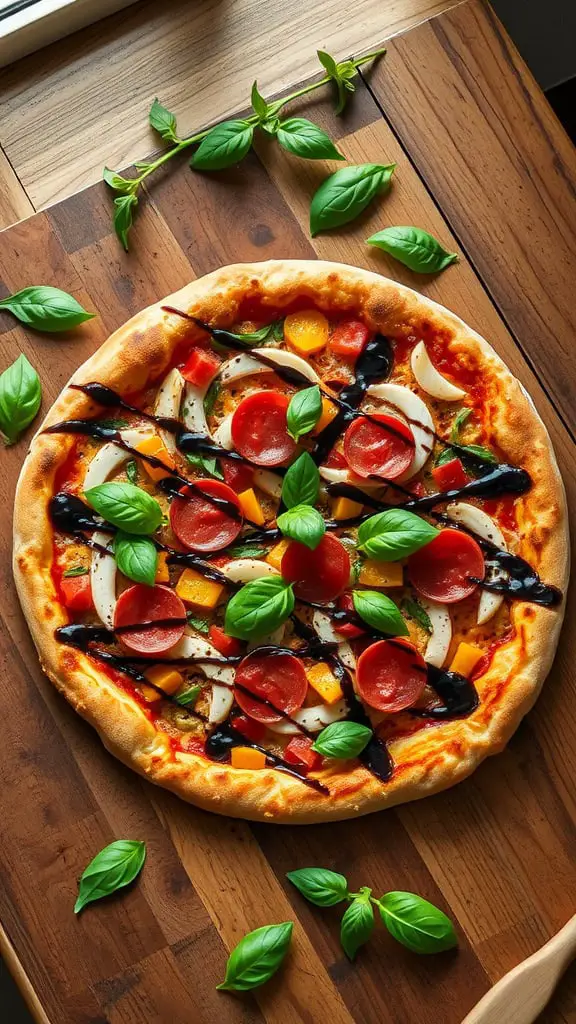 A supreme pizza topped with vegetables, pepperoni, and drizzled with balsamic glaze, garnished with fresh basil leaves.
