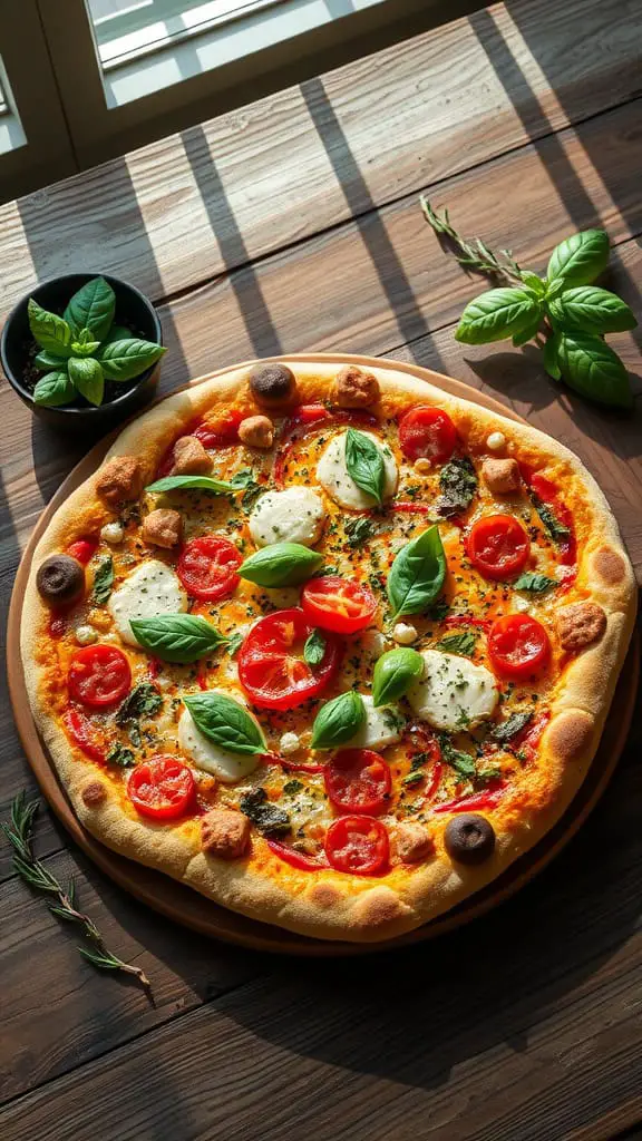 A freshly baked supreme pizza with an Italian herb crust, topped with fresh tomatoes, mozzarella, and basil leaves.