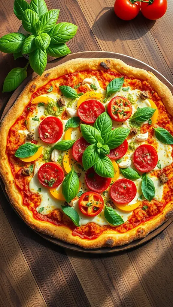A supreme pizza topped with fresh basil, tomatoes, and a drizzle of pesto.