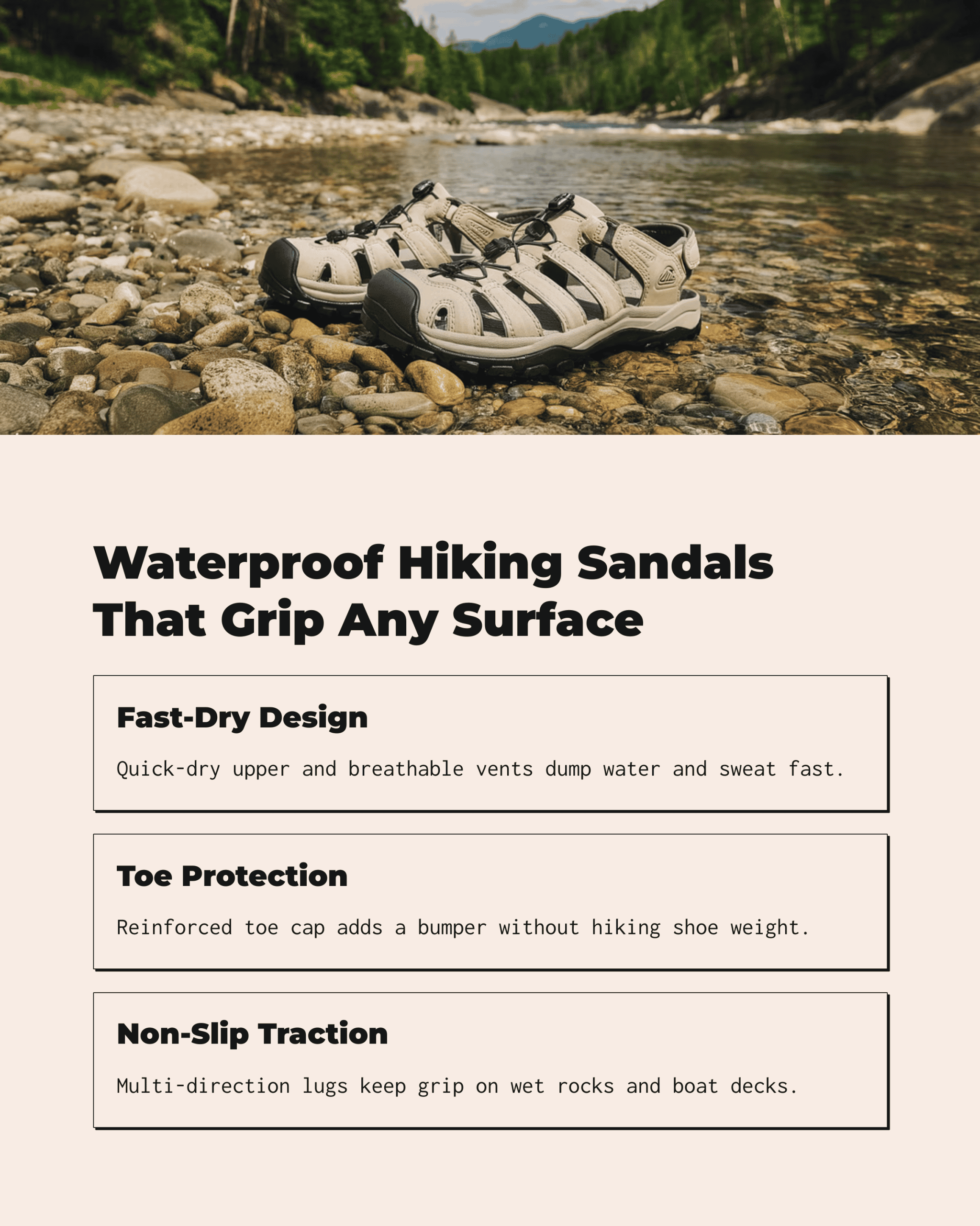 A lightweight, water-friendly sandal built on a grippy rubber outsole, this GRITION model pairs quick-dry polyester webbing with mesh vents so moisture never lingers.