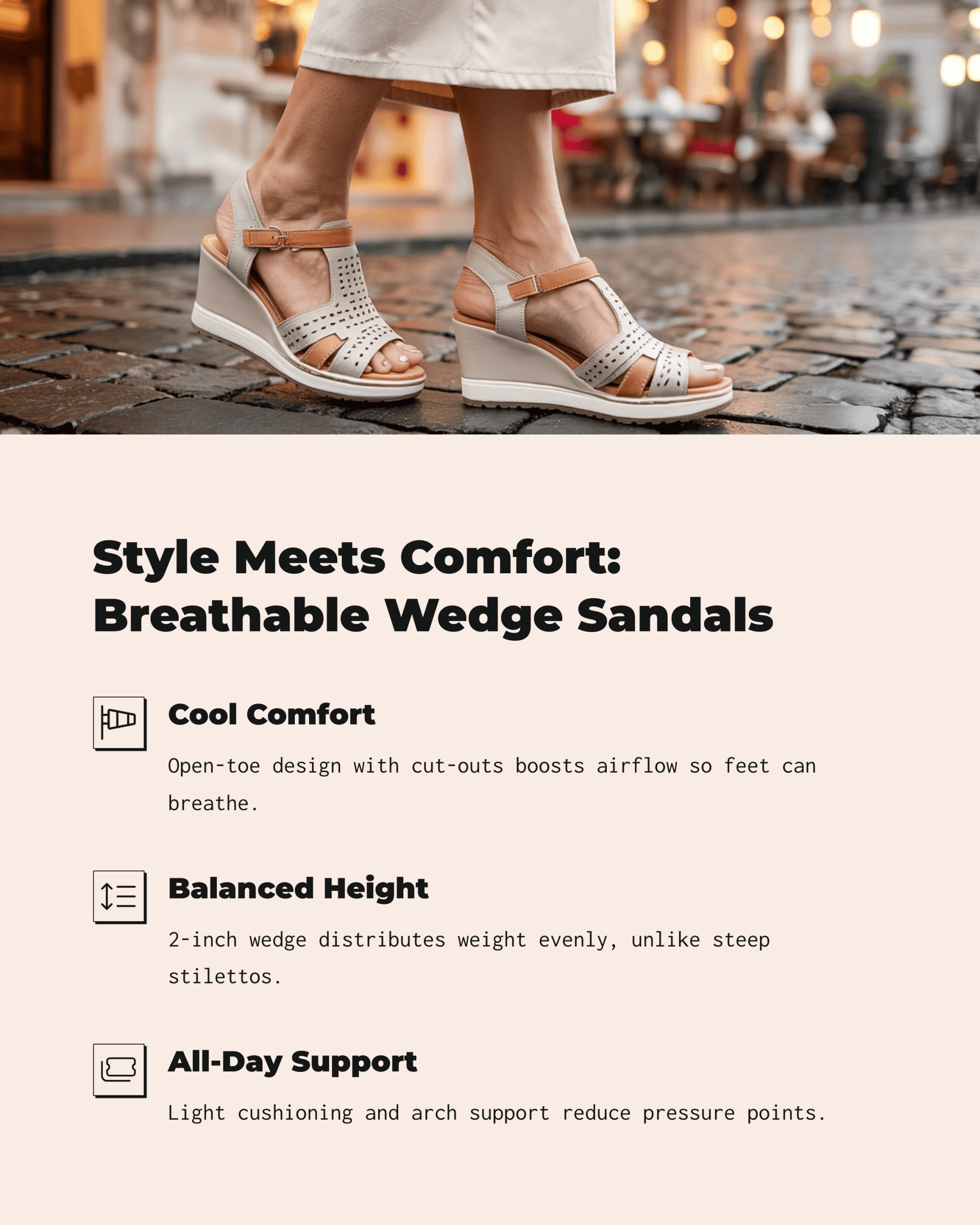 The FRALOSHA women’s wedge sandal is an open-toe, ankle-strap platform designed for warm-weather wear. It pairs a faux-leather upper with cut-out panels that let heat escape, sits on a modest two-inch wedge for an easy lift, and uses a slip-resistant outsole to keep strides steady on slick pavement. 